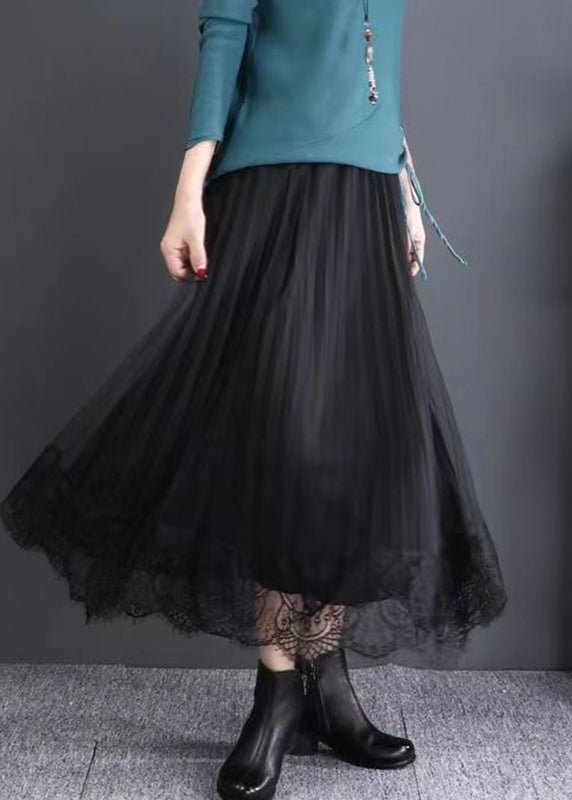 Chic Black Elastic Waist Lace Patchwork Tulle Skirts Fall