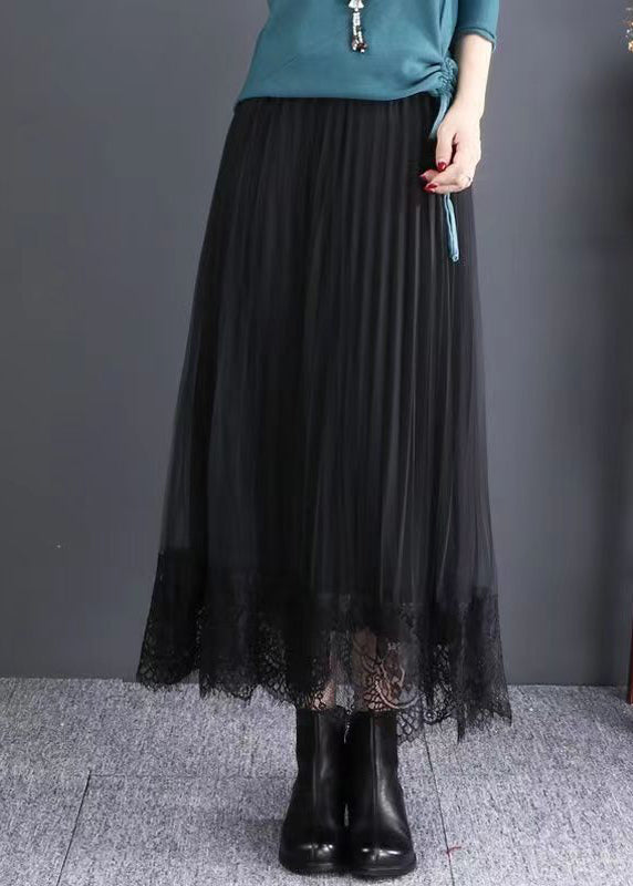 Chic Black Elastic Waist Lace Patchwork Tulle Skirts Fall