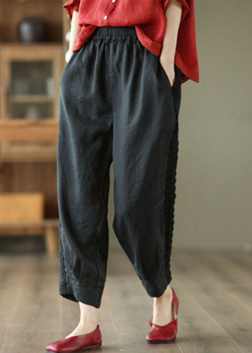 Chic Black Elastic Waist Patchwork Lace Linen Harem Pants Spring