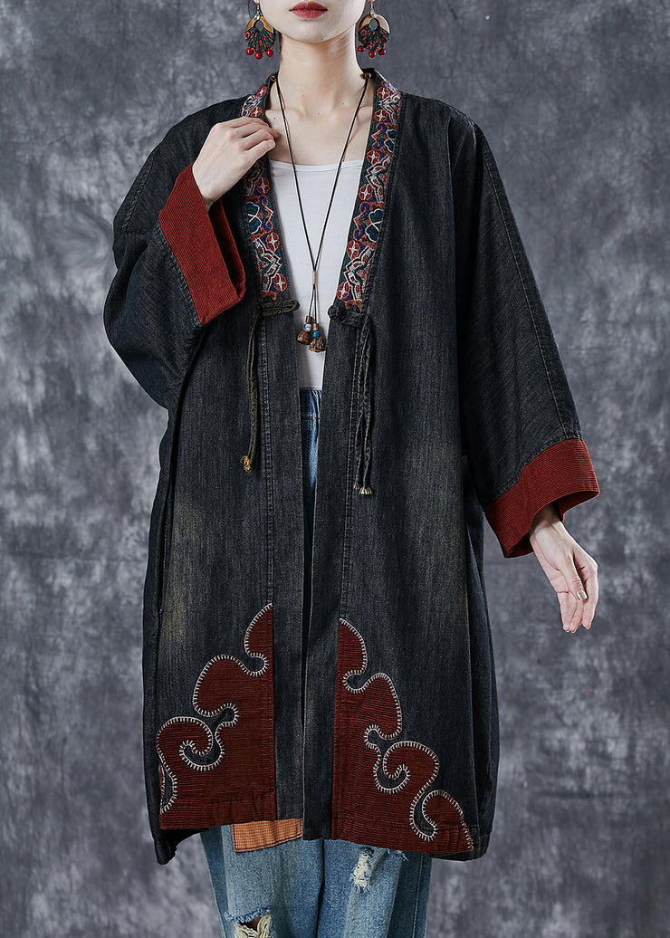 Chic Black Embroidered Patchwork Denim Coats Spring