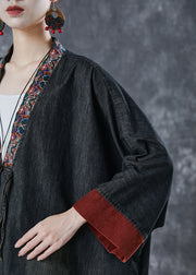 Chic Black Embroidered Patchwork Denim Coats Spring