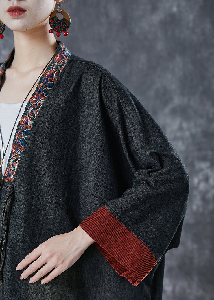 Chic Black Embroidered Patchwork Denim Coats Spring