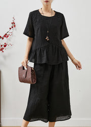 Chic Black Embroidered Patchwork Linen Two Pieces Set Summer