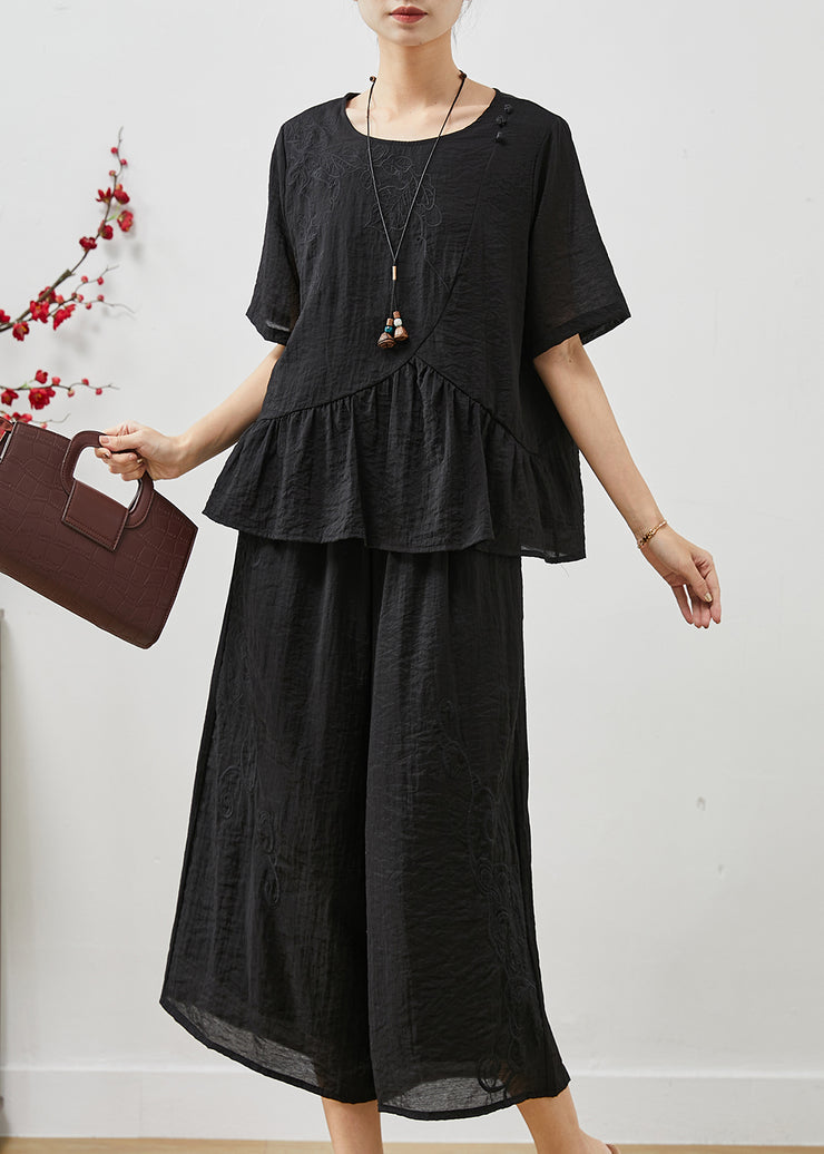 Chic Black Embroidered Patchwork Linen Two Pieces Set Summer