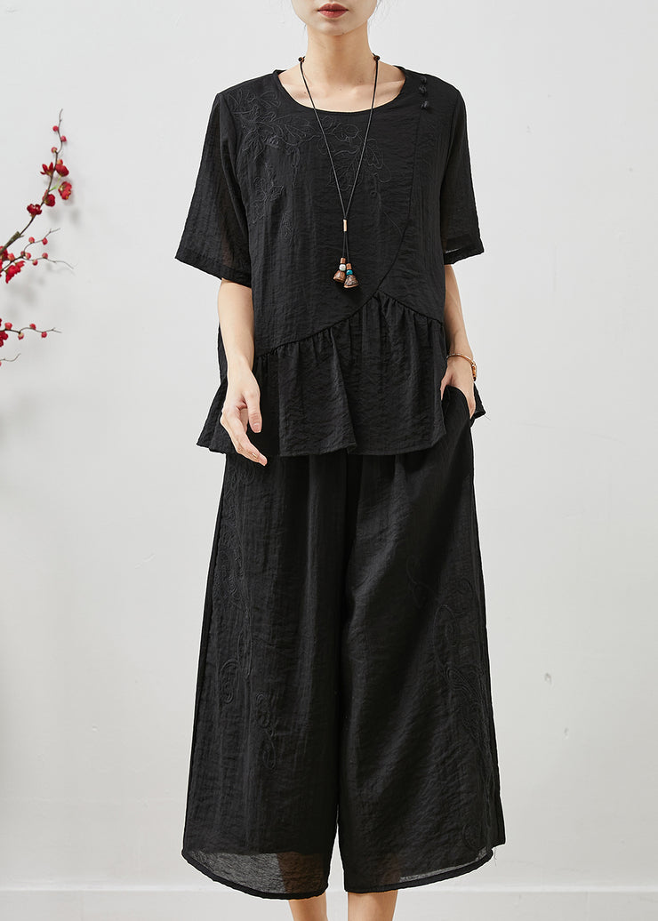 Chic Black Embroidered Patchwork Linen Two Pieces Set Summer