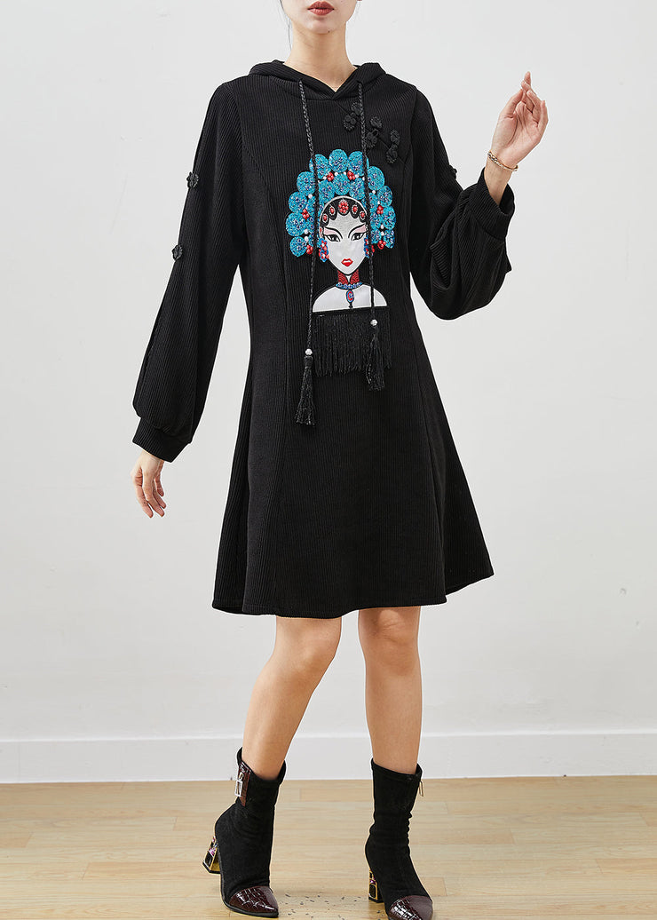 Chic Black Embroidered Chinese Button Corduroy Dress Spring