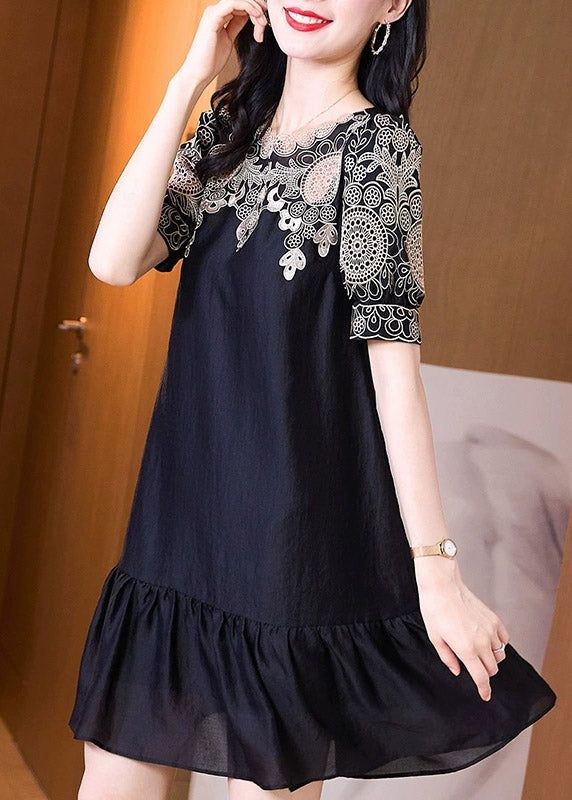 Chic Black Embroideried O-Neck Hollow Out Long Dresses Short Sleeve