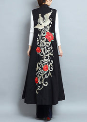 Chic Black Embroidered Side Open Patchwork Cotton Long Waistcoat Sleeveless