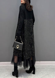 Chic Black Embroideried Tulle Patchwork Knit Dresses Winter