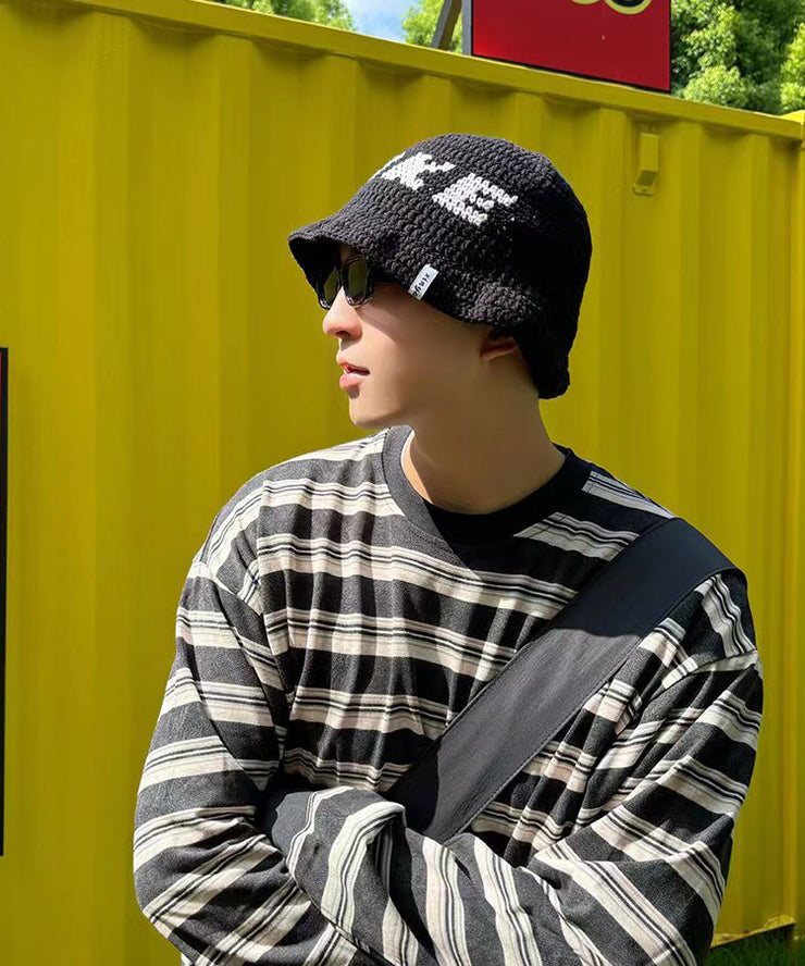 Chic Black Graphic Men Knit Bucket Hat Fall Winter