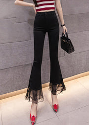 Chic Black High Waist Lace Patchwork Side Open Crop Pants Spring