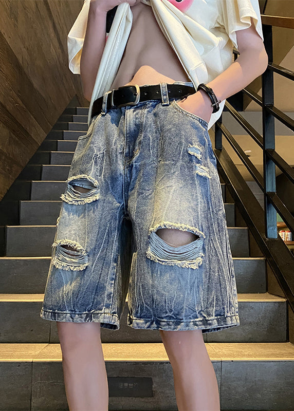 Chic Black Hole High Waist Denim Men Shorts Summer