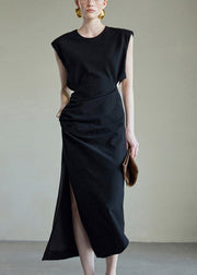 Chic Black Hollow Out Side Open Cotton Long Dress Summer