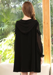 Chic Black Hooded Ruffles Bear Print Chiffon Sweatshirt Streetwear Dress Spring