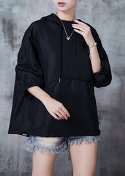 Chic Black Hooded Wrinkled Cotton Pullover Tops Summer