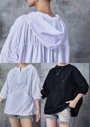 Chic Black Hooded Wrinkled Cotton Pullover Tops Summer