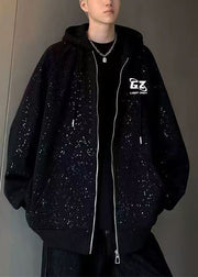 Chic Black Hooded Zip Up Print Cotton Men Coat Spring