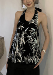 Chic Black Lace Up Sequins Silk Velour Tank Sleeveless