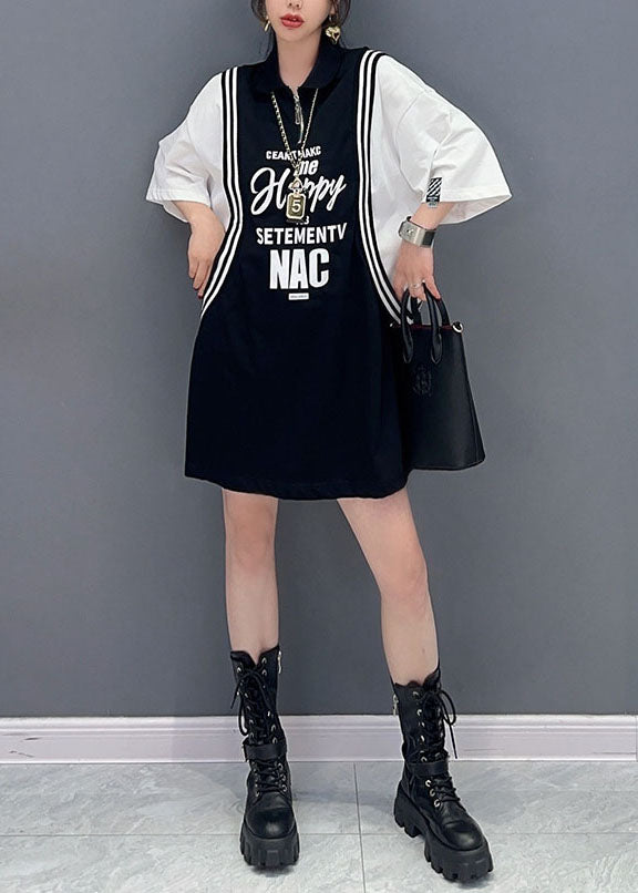 Chic Black Letter Print Patchwork Cotton Sport Mid Dress Summer