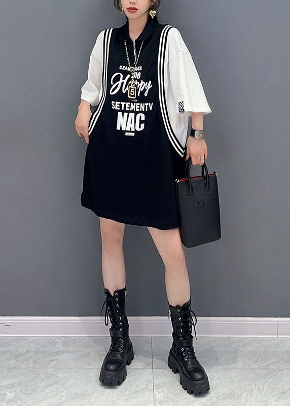 Chic Black Letter Print Patchwork Cotton Sport Mid Dress Summer