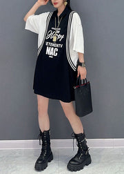 Chic Black Letter Print Patchwork Cotton Sport Mid Dress Summer