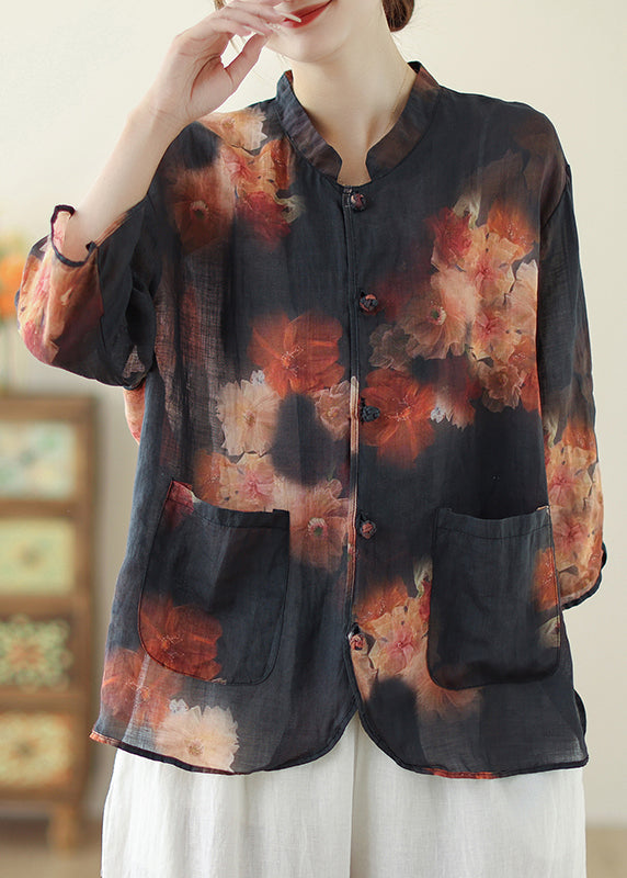 Chic Black Mandarin Collar Print Linen Tops Spring