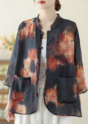 Chic Black Mandarin Collar Print Linen Tops Spring