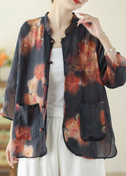 Chic Black Mandarin Collar Print Linen Tops Spring