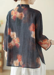 Chic Black Mandarin Collar Print Linen Tops Spring