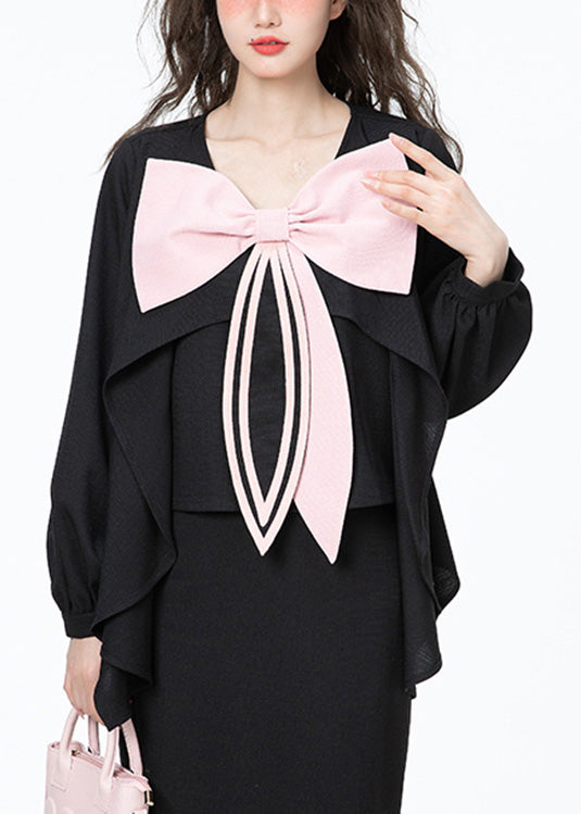 Chic Black O-Neck Bow Chiffon Shirt Long Sleeve