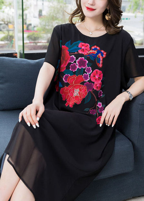 Chic Black O Neck Floral Patchwork Chiffon Mid Dress Summer