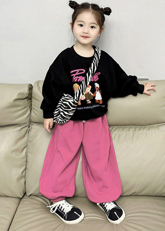 Chic Black O-Neck Kids Fleece Sweatshirt And Lantern Pants Two Pieces Set Spring