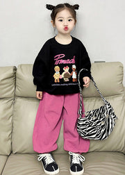 Chic Black O-Neck Kids Fleece Sweatshirt And Lantern Pants Two Pieces Set Spring