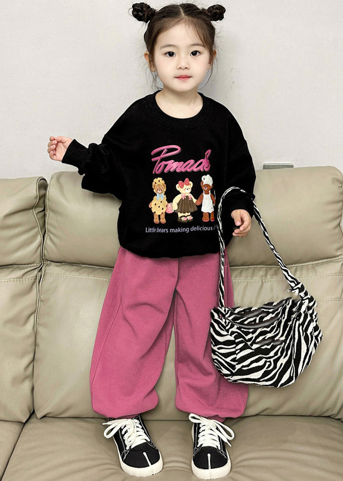 Chic Black O-Neck Kids Fleece Sweatshirt And Lantern Pants Two Pieces Set Spring