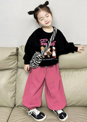 Chic Black O-Neck Kids Fleece Sweatshirt And Lantern Pants Two Pieces Set Spring