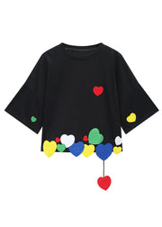 Chic Black O-Neck Loving Heart Cotton T Shirt Short Sleeve