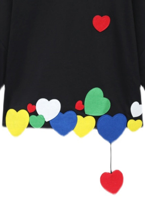 Chic Black O-Neck Loving Heart Cotton T Shirt Short Sleeve