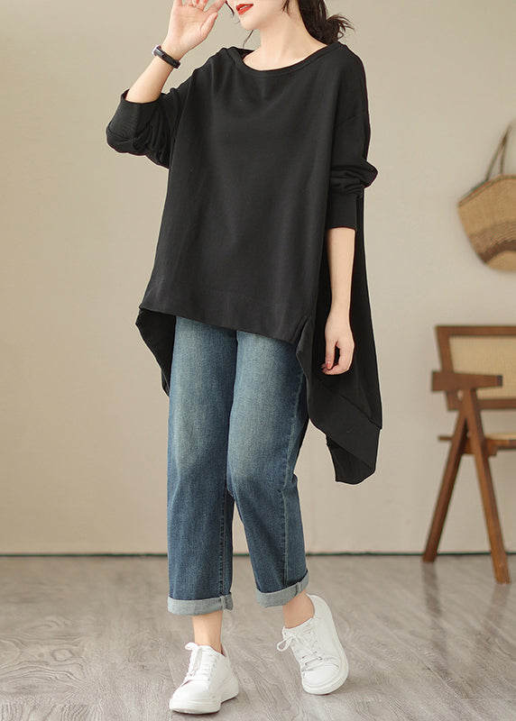 Chic Black O Neck Low High Design Cotton Tops Spring