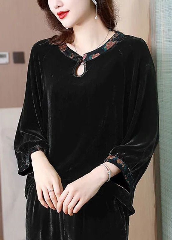 Chic Black O Neck Patchwork Silk Velour Shirts Top Spring