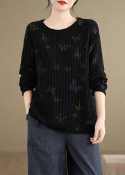 Chic Black O Neck Print Cotton Knit Sweaters Spring