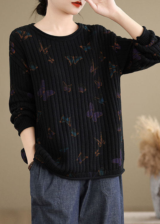 Chic Black O Neck Print Cotton Knit Sweaters Spring