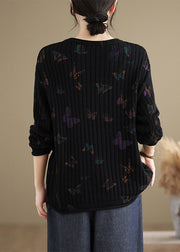 Chic Black O Neck Print Cotton Knit Sweaters Spring