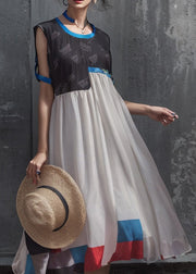 Chic Black O Neck Print Patchwork Silk Dresses Summer