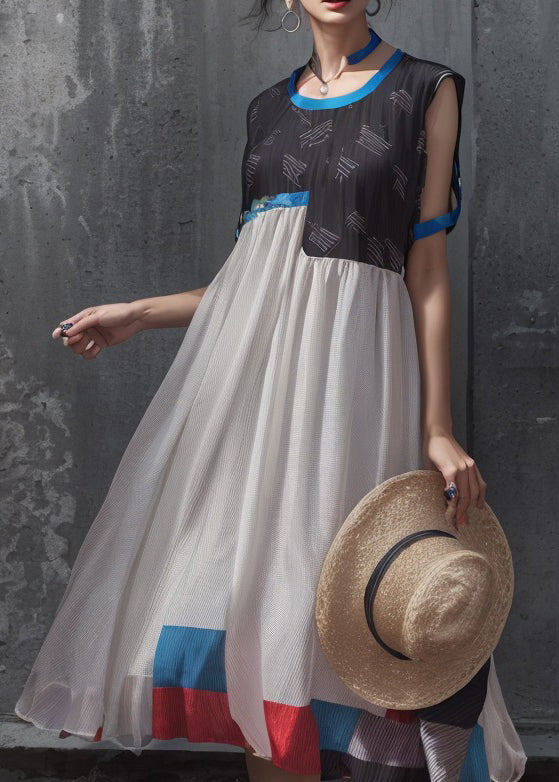Chic Black O Neck Print Patchwork Silk Dresses Summer