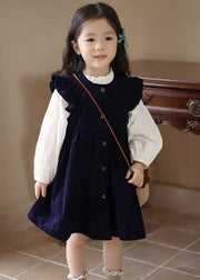 Chic Black O-Neck Ruffled Corduroy Kids Maxi Dresses Spring