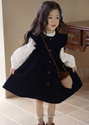 Chic Black O-Neck Ruffled Corduroy Kids Maxi Dresses Spring