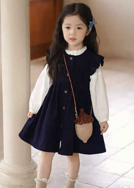 Chic Black O-Neck Ruffled Corduroy Kids Maxi Dresses Spring