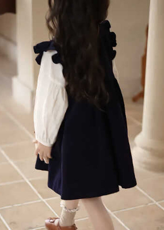 Chic Black O-Neck Ruffled Corduroy Kids Maxi Dresses Spring