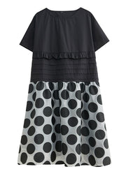 Chic Black O-Neck Ruffled Patchwork Print Dot Maxi Dress Short Sleeve