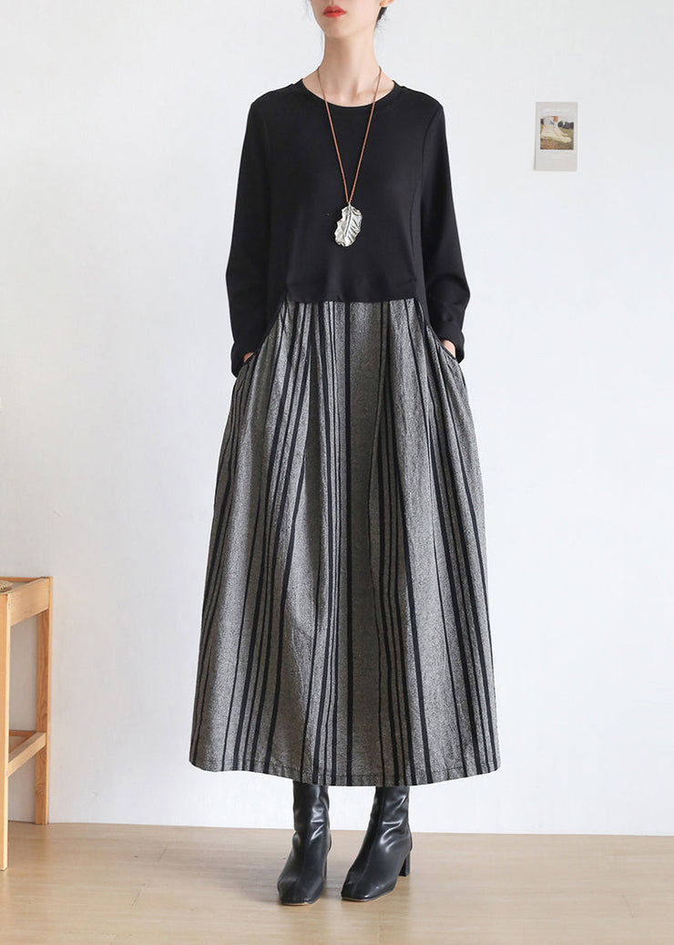 Chic Black O-Neck Striped Patchwork Pockets Long Dresses Long Sleeve